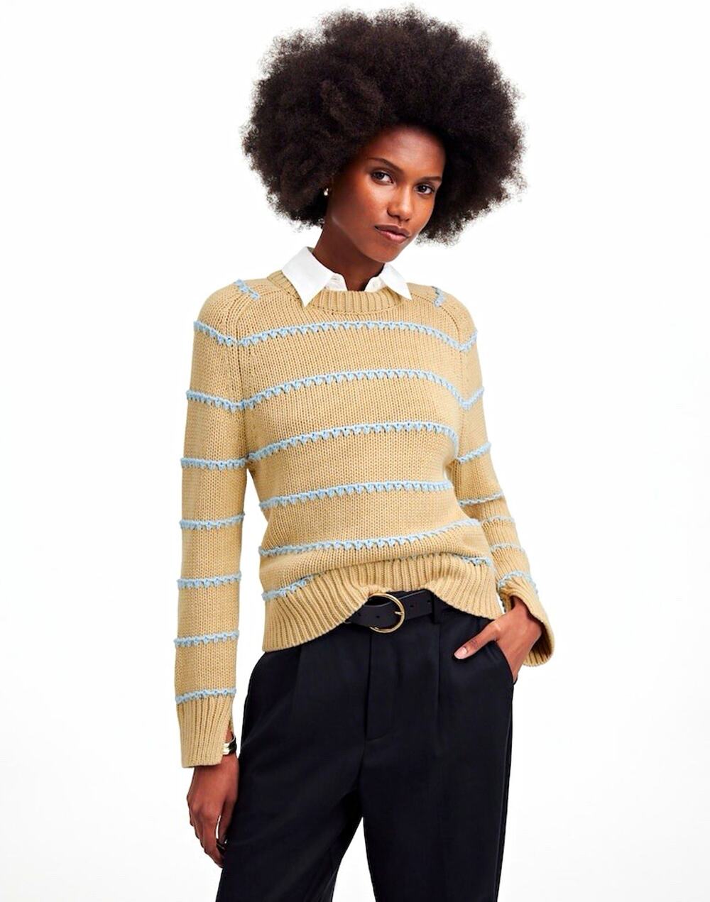Madewell Textured Cotton Knit Crewneck Striped Pullover Sweater Beige Blue S